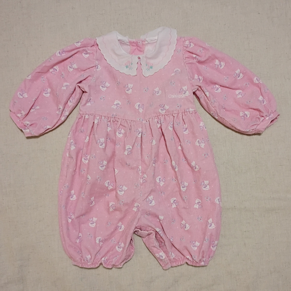 Vintage Osh Kosh B'Gosh Microcord Pink Kitten Print Romper 6-9M EUC